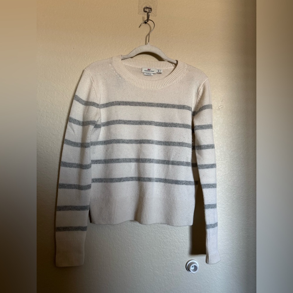 VINEYARD VINES Striped‎ Crewneck Cashmere Sweater Sz Small Cream Grey